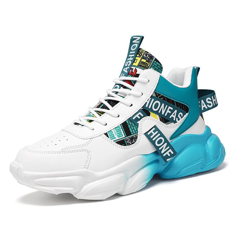 White and blue sneaker with colorful text strap on a white background
