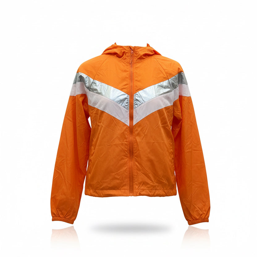 Orange jacket with reflective silver and white accents on a white background