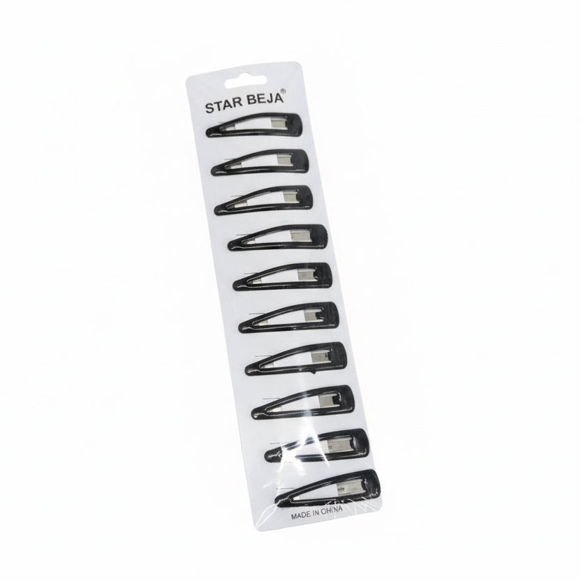 Pack of black hair clips on a white background with visible brand name.