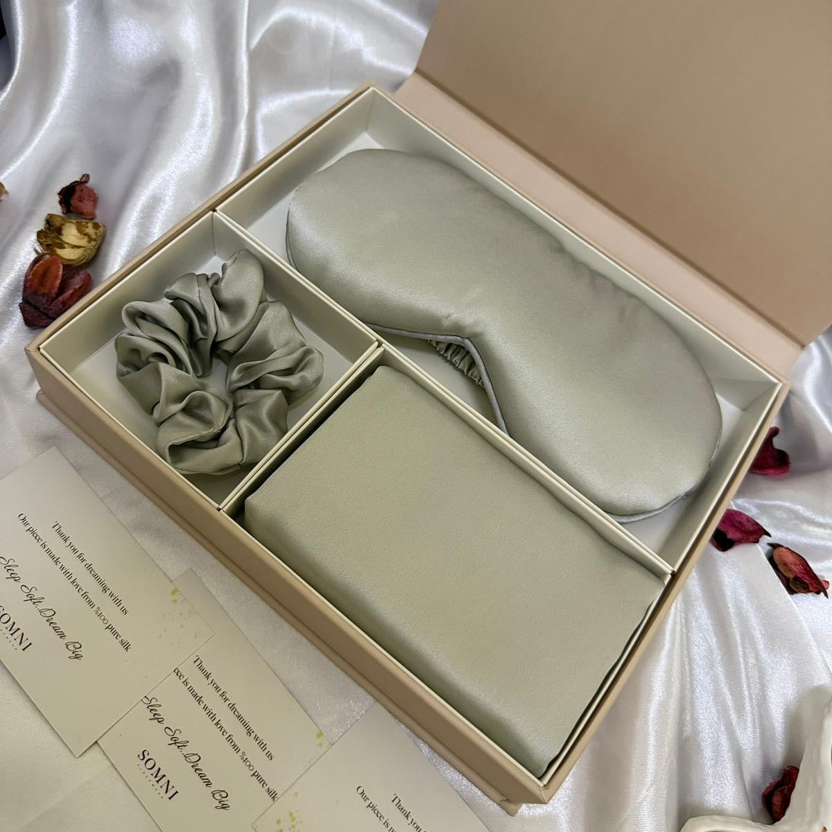 100% Mulberry Silk Sleep Set – Silk Pillowcase, Sleep Mask & Scrunchie