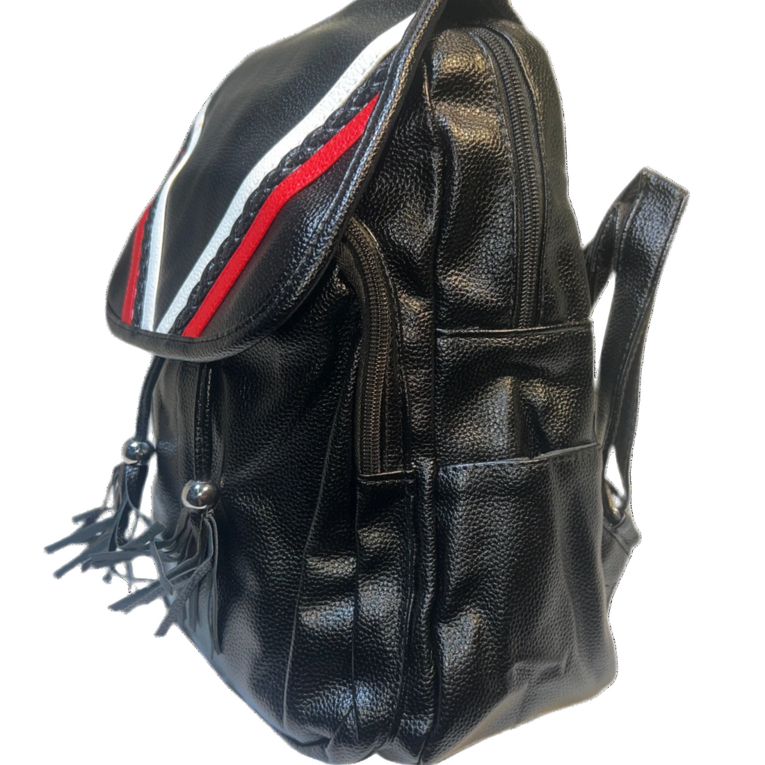 Black leather backpack with a colorful stripe on a white background