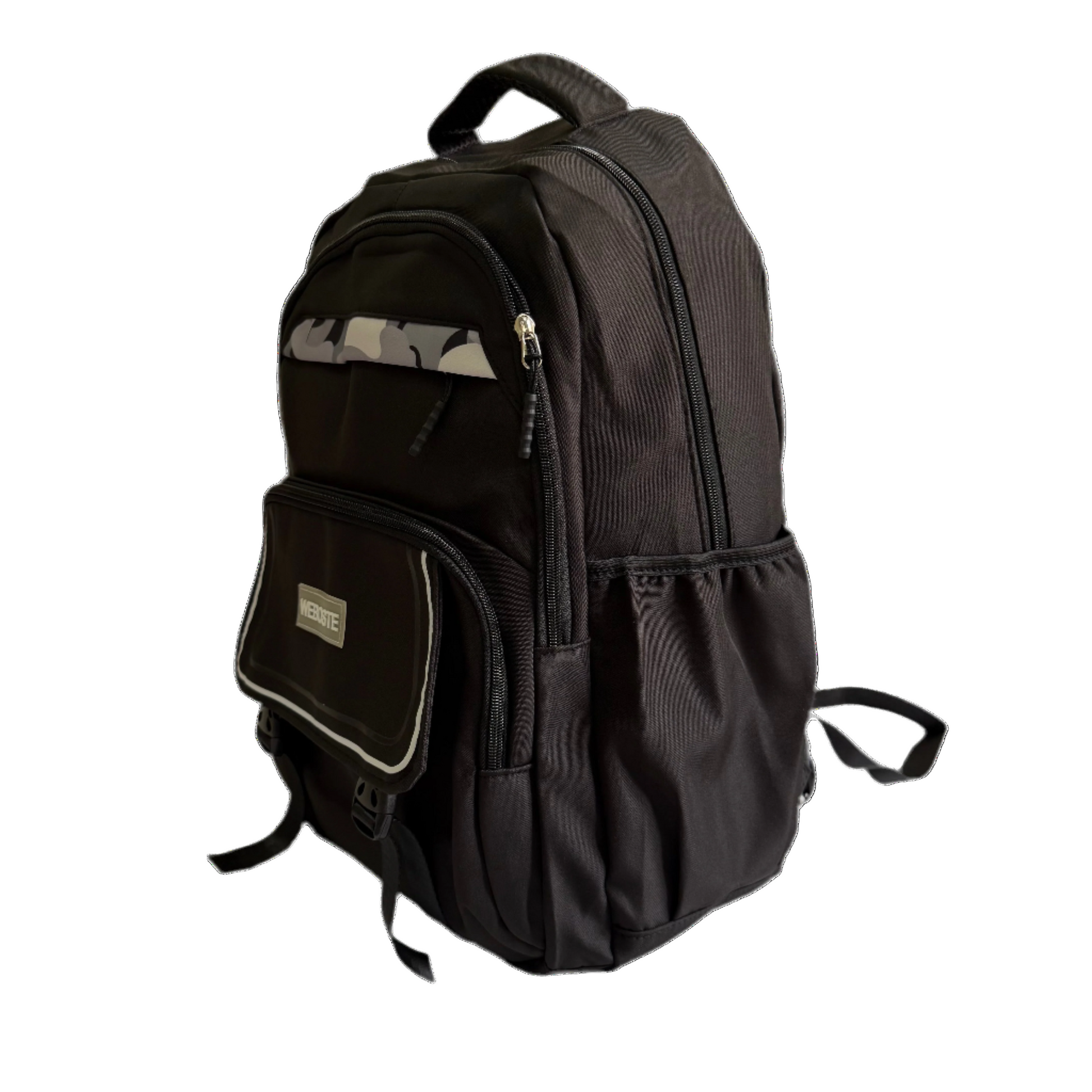 Black backpack with a visible brand logo on a white background