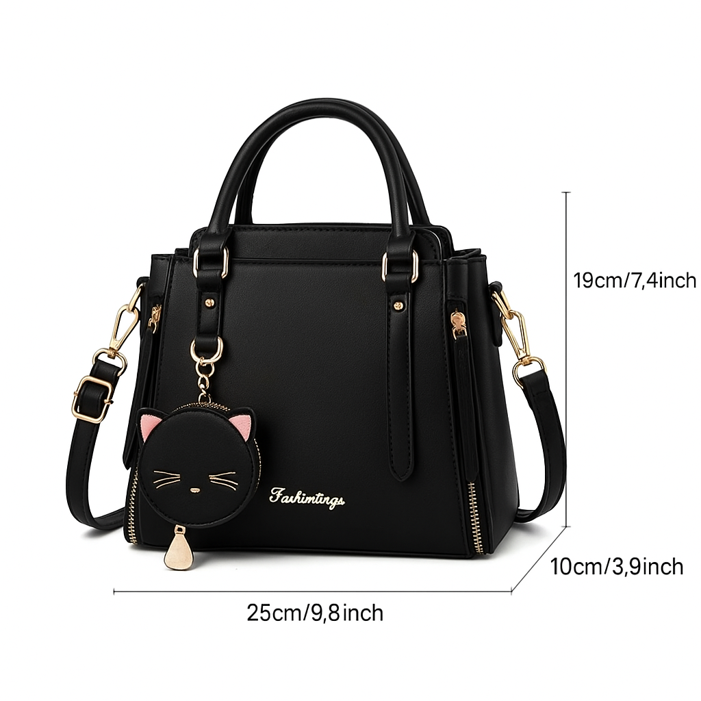 Black PU tote bag with dimensions labeled, including a small cat-shaped wallet attached to it.