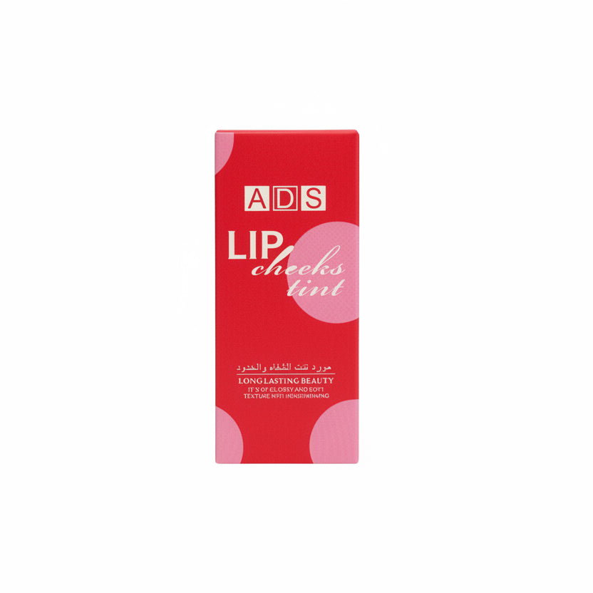 Red packaging of ADS lip and cheek tint on a white background
