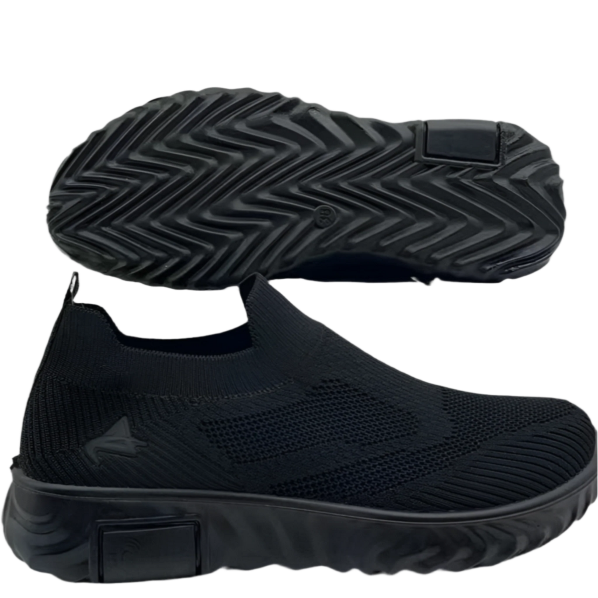 Black slip-on shoes with textured sole on a white background