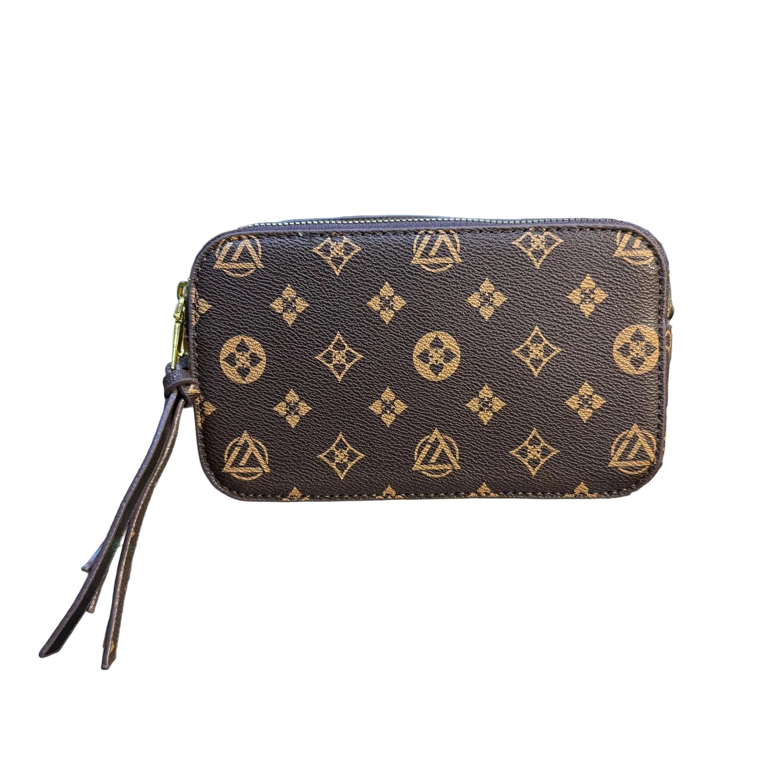 Brown wallet with gold monogram pattern on a white background
