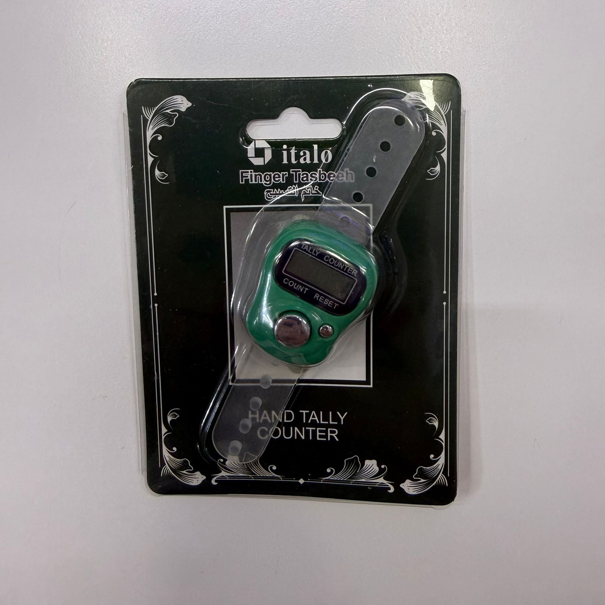 Green hand tally counter in packaging with 'italo' branding on a white background