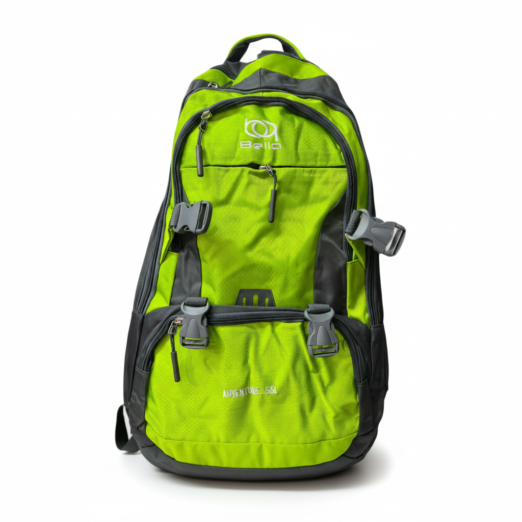 Green backpack with black straps and a brand logo on a white background
