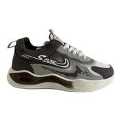 Gray and black sneaker with white laces on a white background