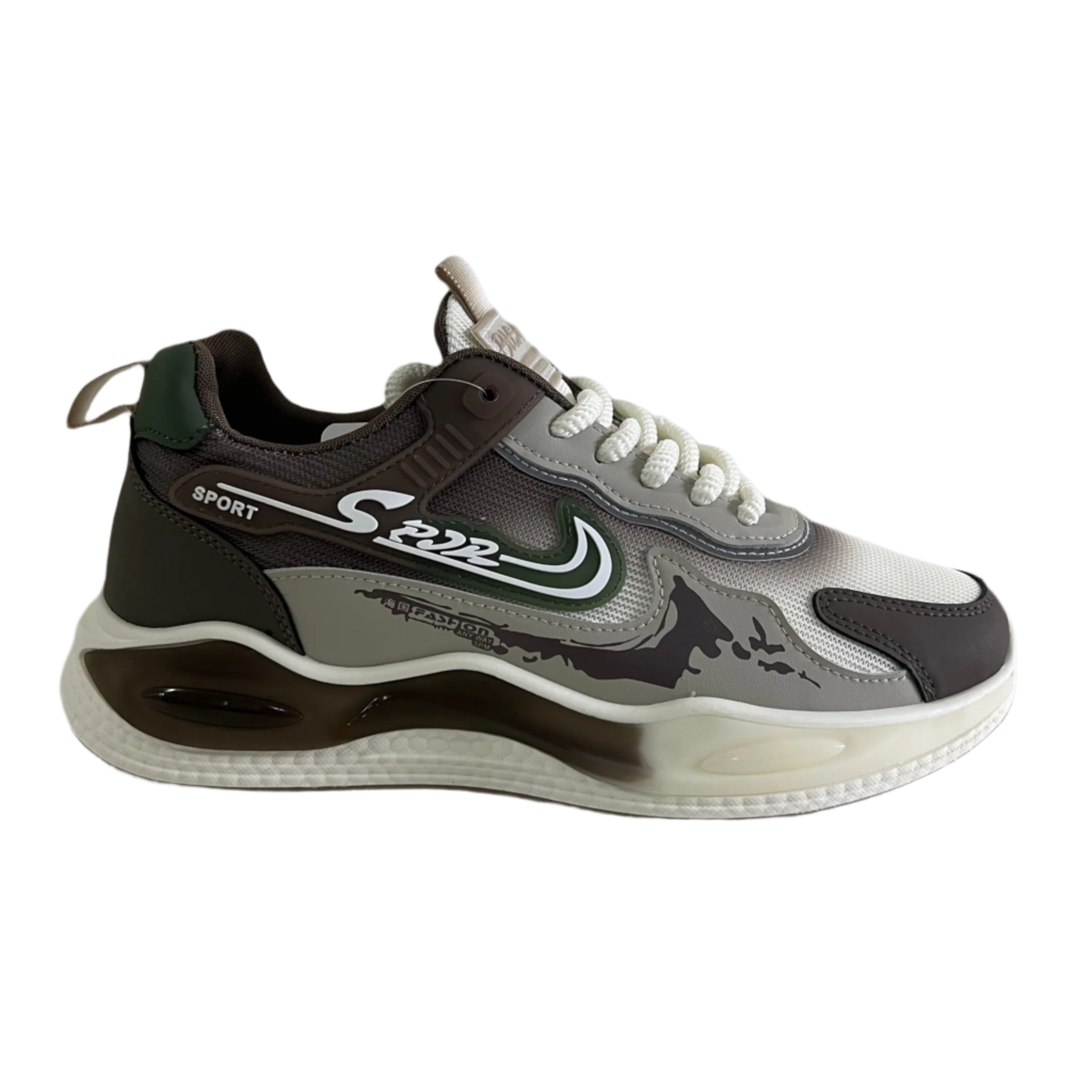 Gray and black sneaker with white laces on a white background