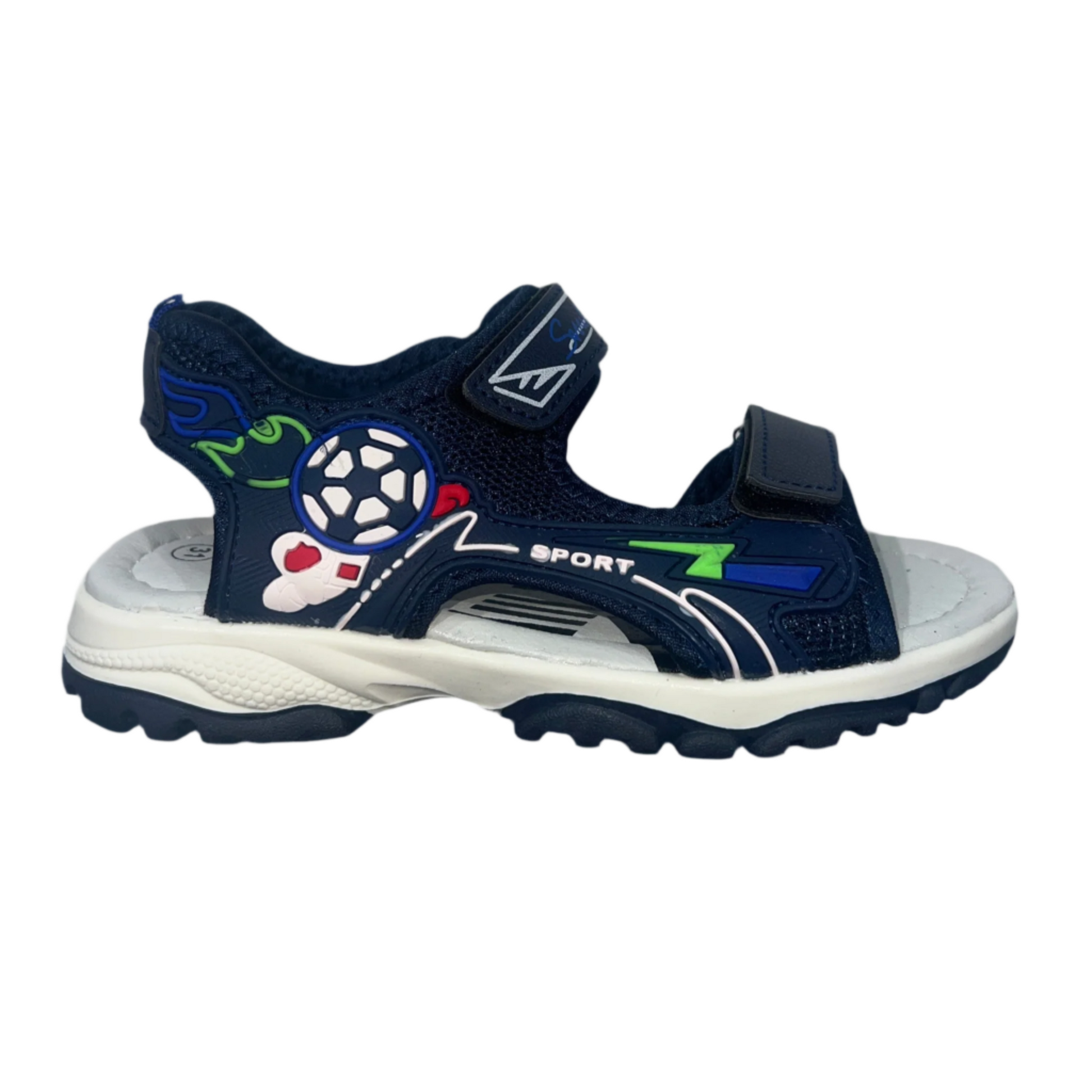 Navy blue sandal with colorful designs on a light gray background