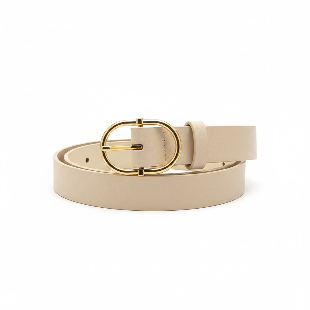 Beige belt with a gold buckle on a white background