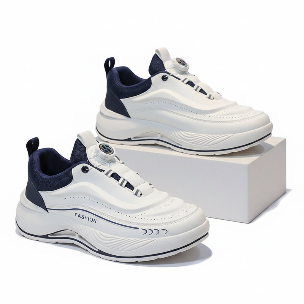 White and navy sneakers on a gray surface