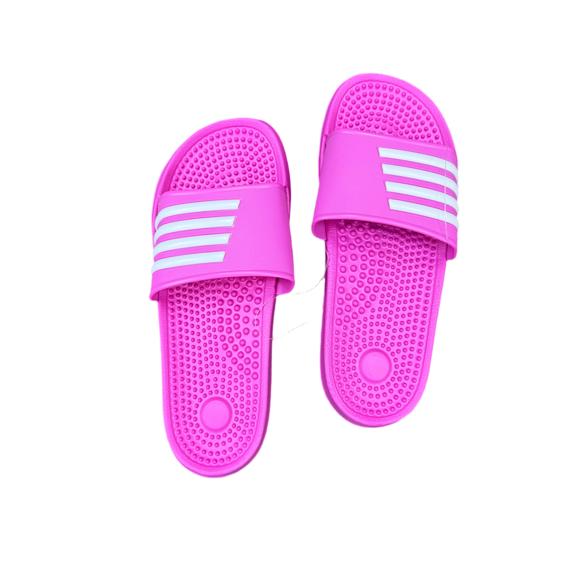 Pair of pink slides with white stripes on a white background