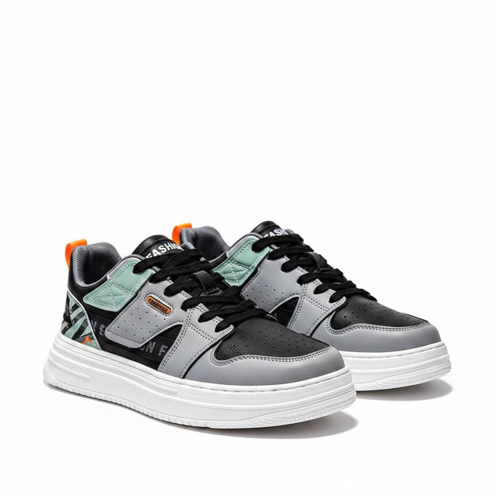 Colorful sneakers with a patterned sole on a gray background