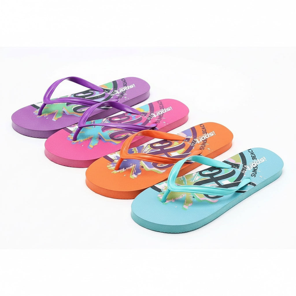Colorful flip-flops with brand logo on a white background