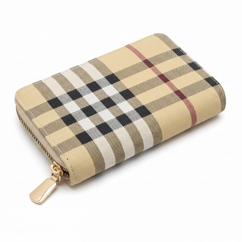 Plaid patterned wallet with a gold zipper on a white background