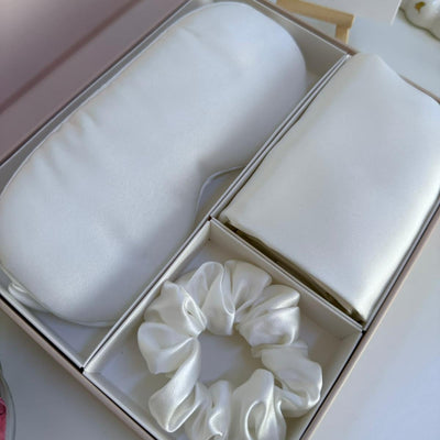 100% Mulberry Silk Sleep Set – Silk Pillowcase, Sleep Mask & Scrunchie
