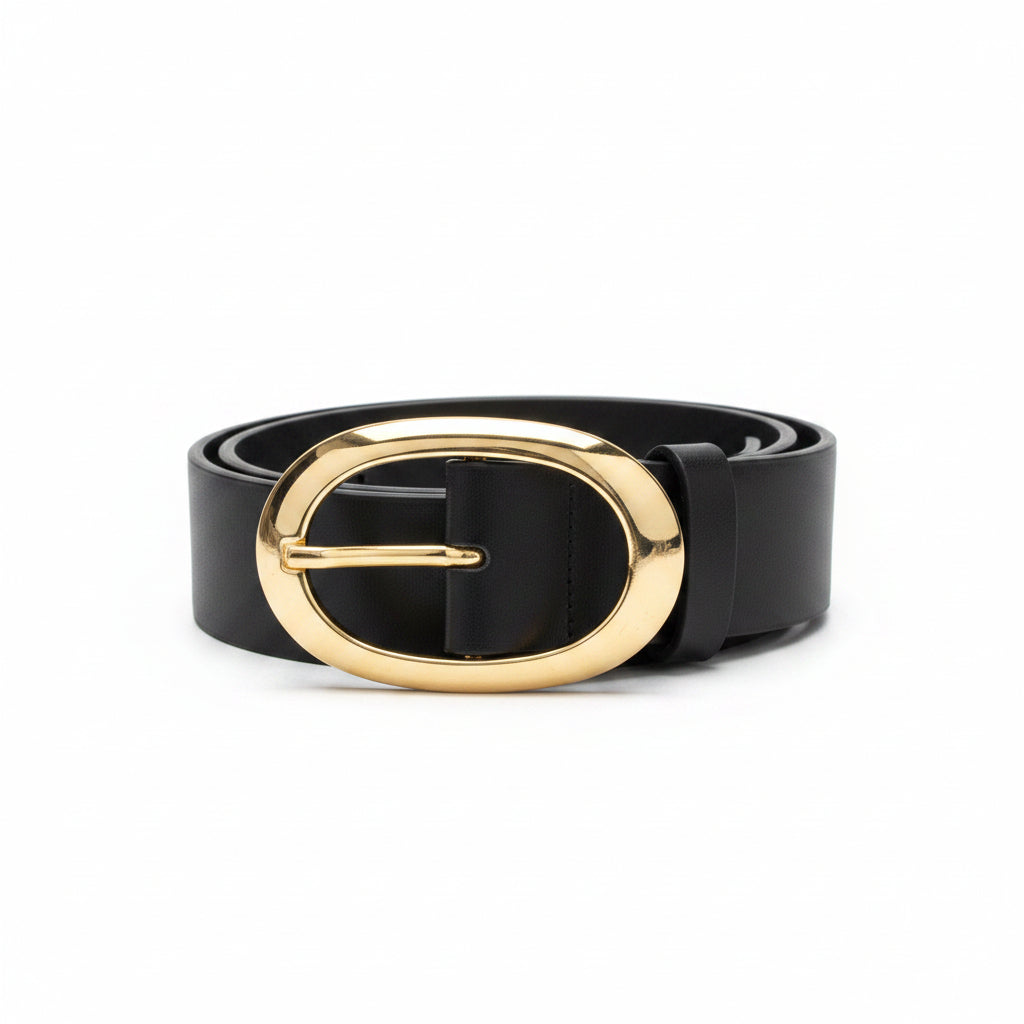 Black belt with a gold buckle on a white background
