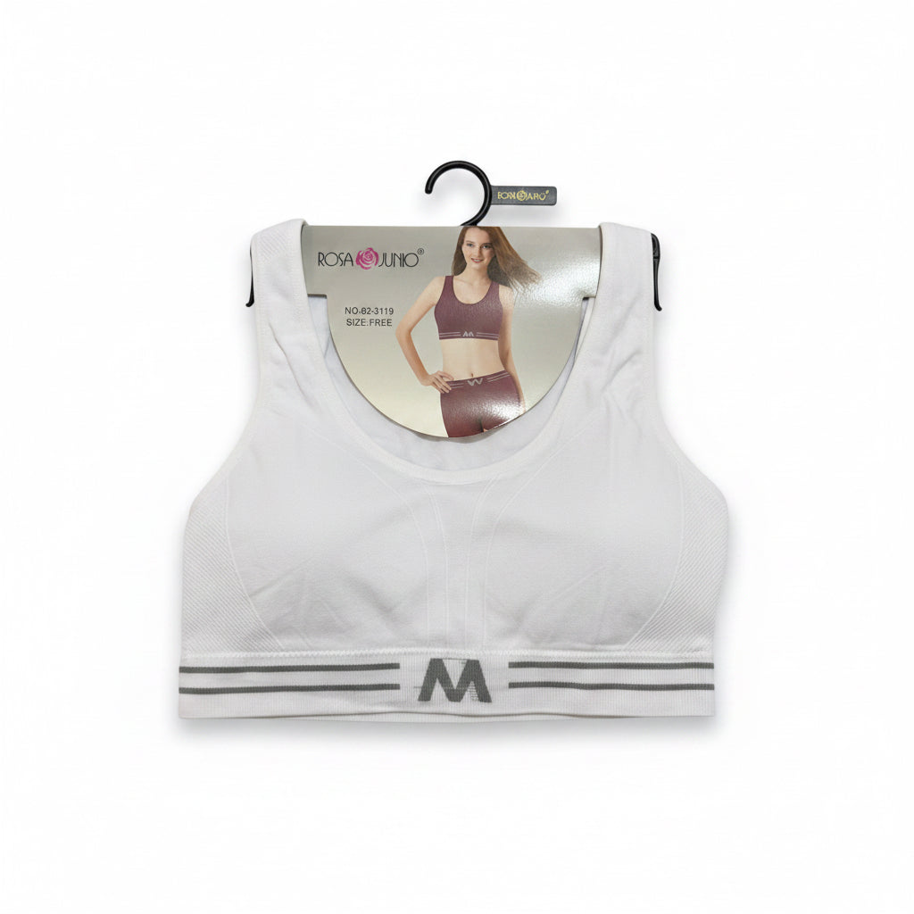 White sports bra with black accents on a white background