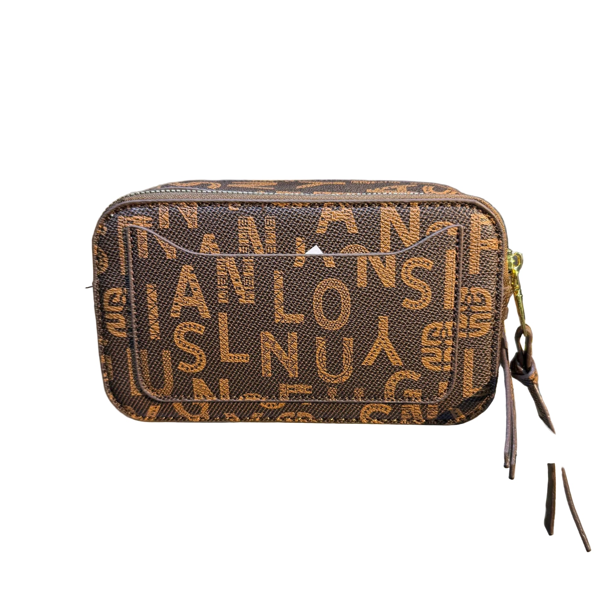 Designer handbag with brand logo on a glass shelf