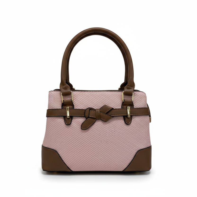 Handbag with pink pattern and brown accents on a white background