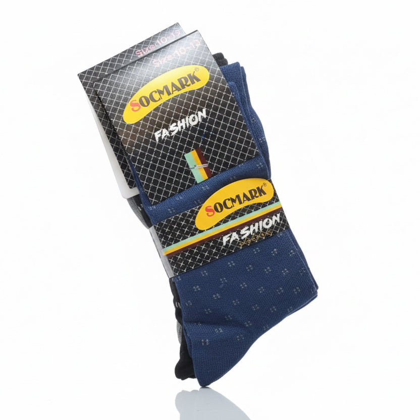 Pair of blue socks with 'Socomark' branding held by a hand in an indoor setting.