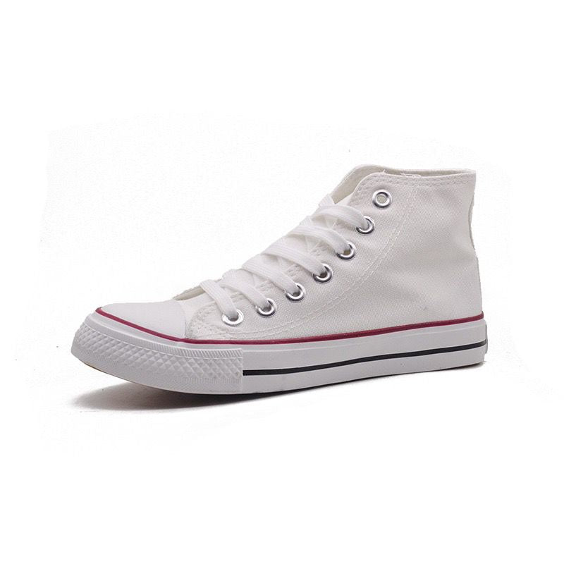 White high-top sneaker with red accents on a white background