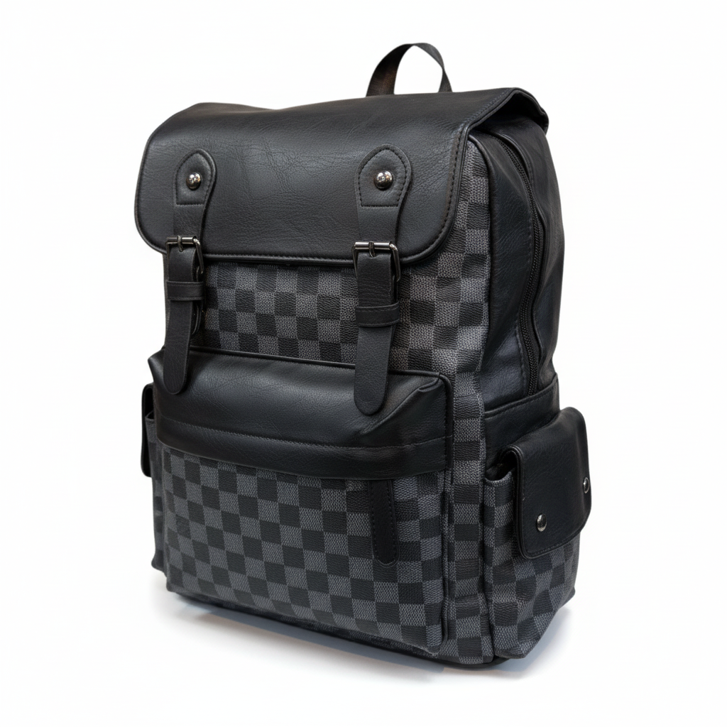 Black and gray checkered backpack on a white background