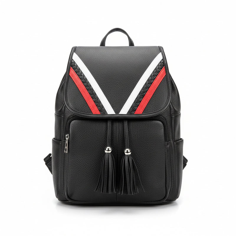 Black backpack with red and white accents on a white background