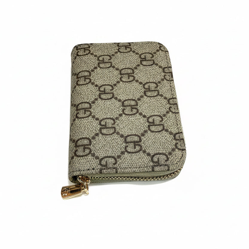 Patterned wallet with a gold zipper on a white background