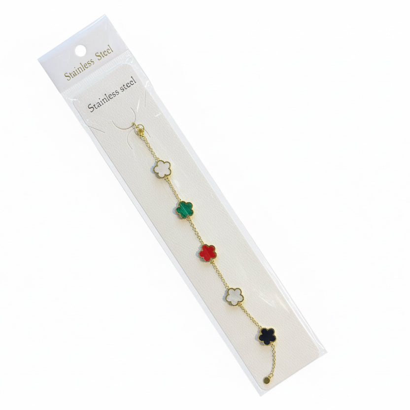 Bracelet with floral charms on a white card labeled 'Stainless Steel'.