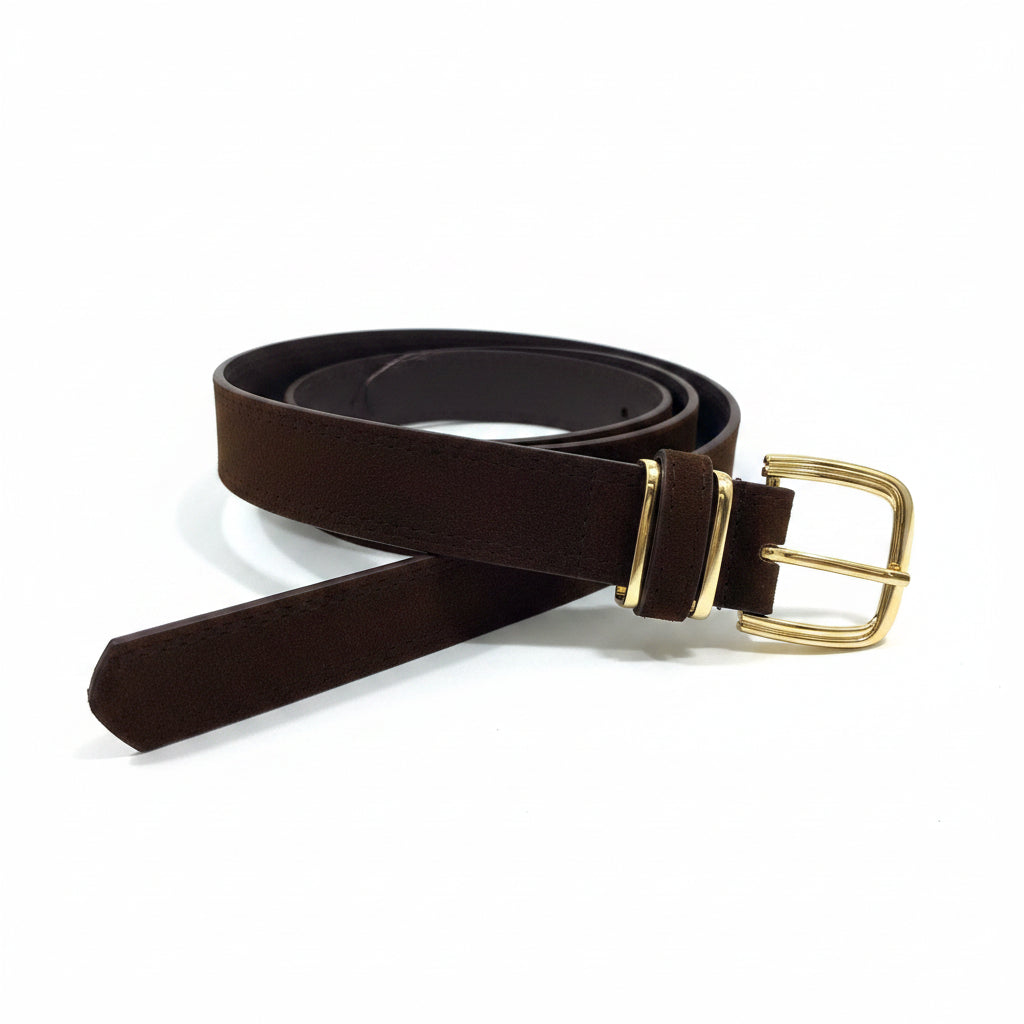 Brown belt with a gold buckle on a white background
