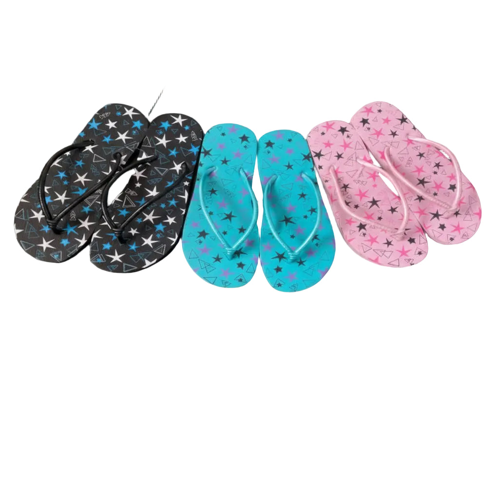 Three pairs of star-patterned flip-flops in black, blue, and pink on a gray background with item details.