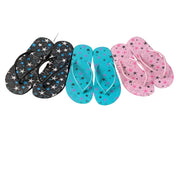 Three pairs of star-patterned flip-flops in black, blue, and pink on a gray background with item details.