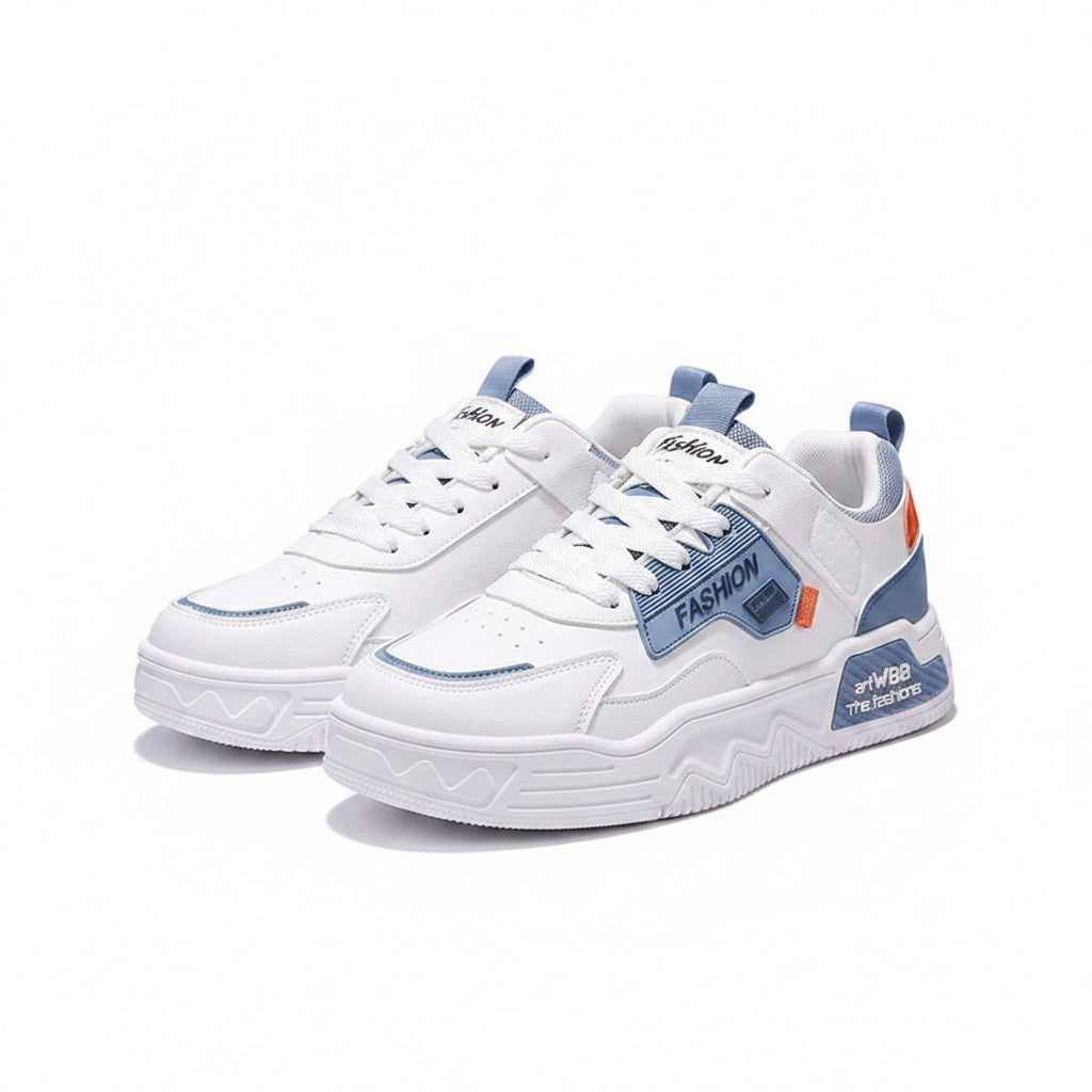 White sneakers with blue and orange accents on a gray surface
