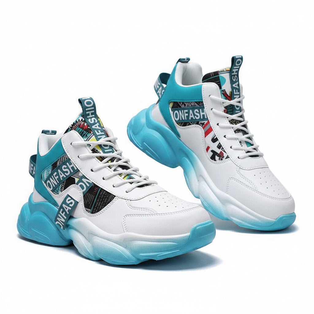 White sneakers with blue soles and colorful accents on a grid background