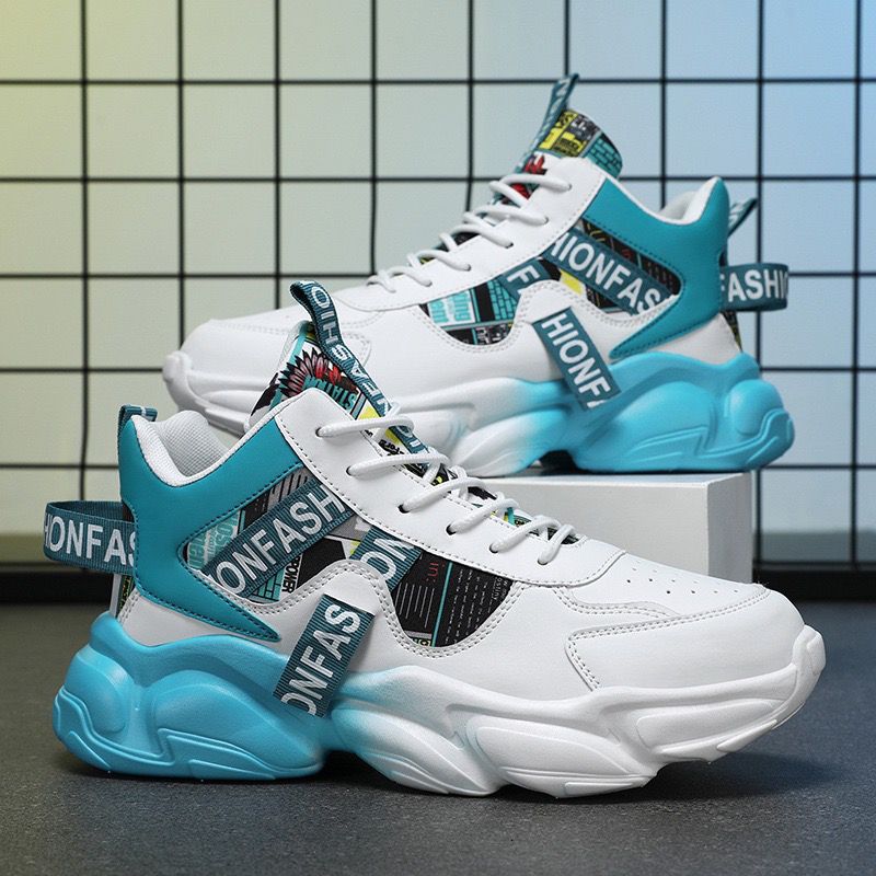 White sneakers with blue soles and colorful accents on a grid background