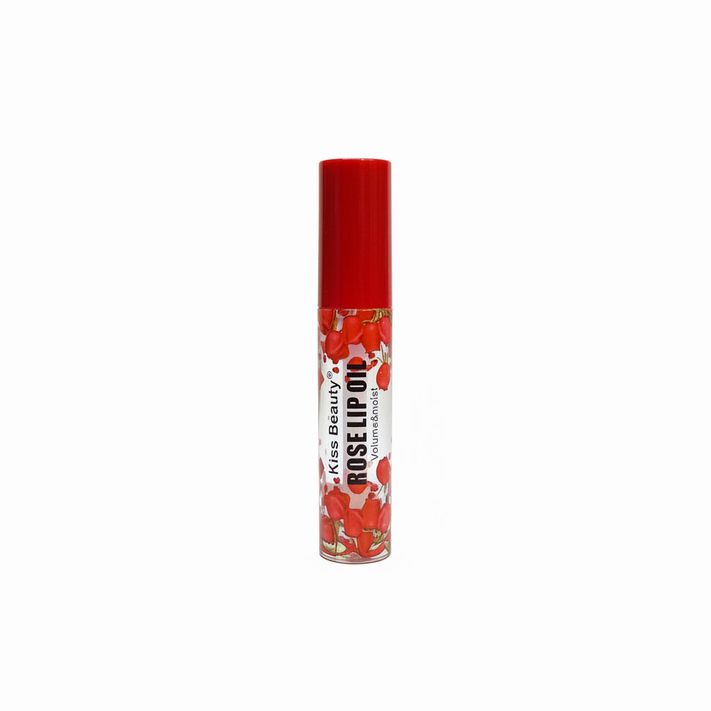 Lip balm with red cap and floral design on label against a white background