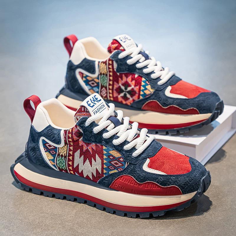 Colorful sneakers with geometric patterns on a neutral background