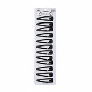 Set of black hair clips on a white card with brand logo