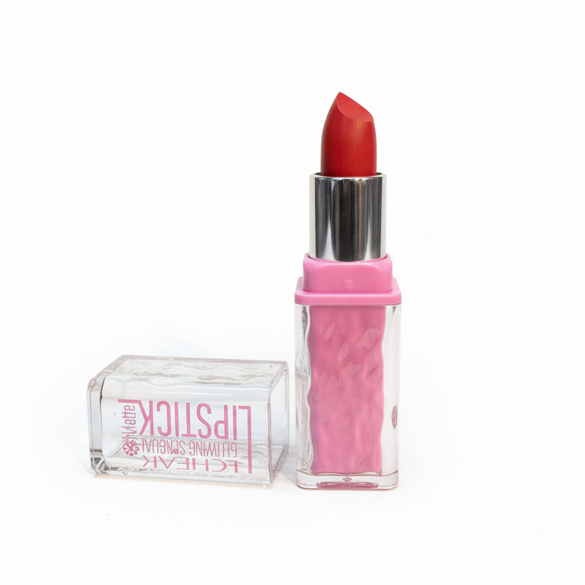 Red lipstick with pink cap and clear case on a white background