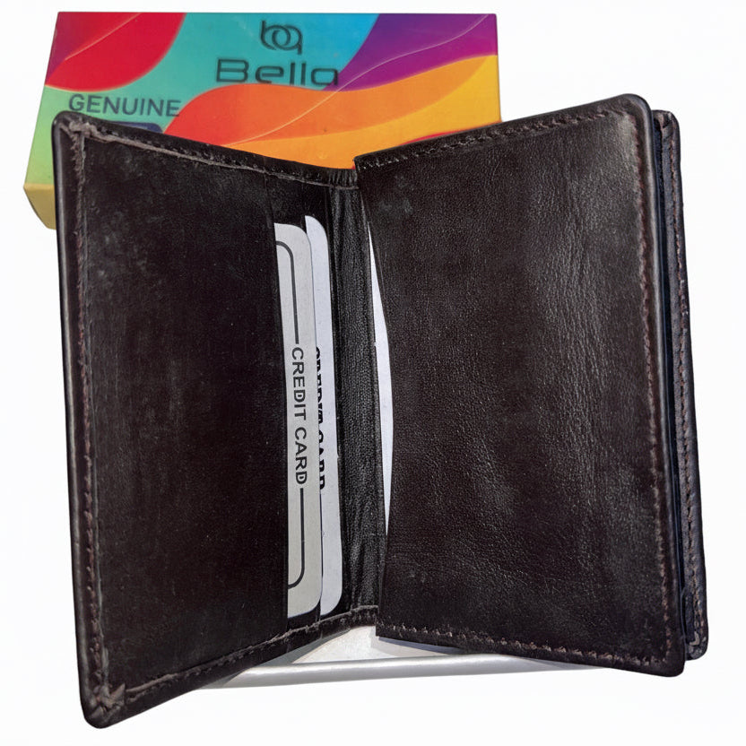 Black leather wallet with a card holder, open to reveal a card, on a white background with a colorful Bello box in the background.