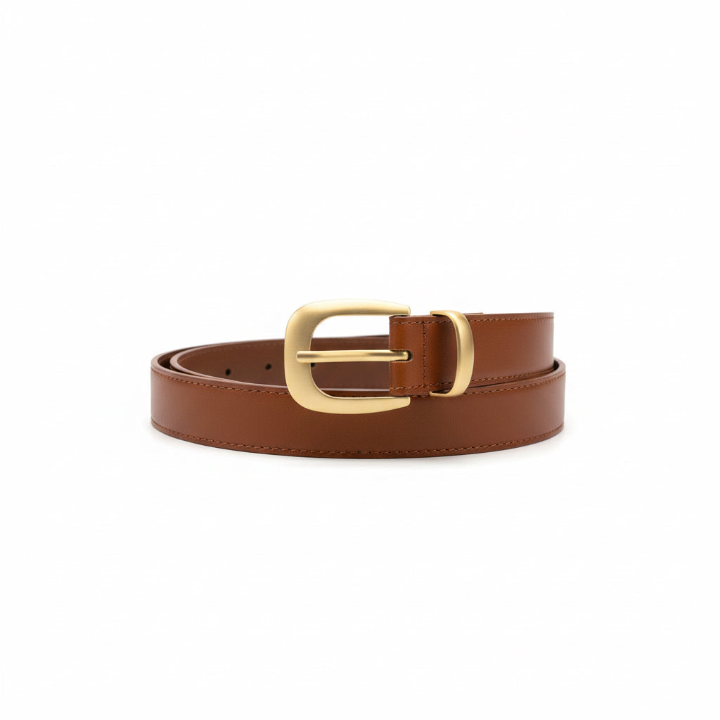 Brown belt with a gold buckle on a white background