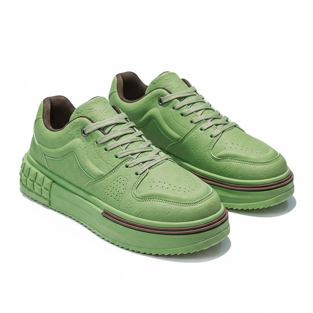 Green sneakers with brown accents on a gradient background