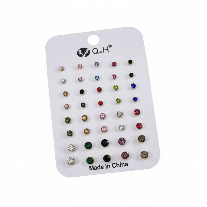 Assorted earrings on a display card with Q.H. branding, 'Made in China' text, and a white background.