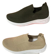 Three pairs of slip-on shoes in black, green, and beige on a white background