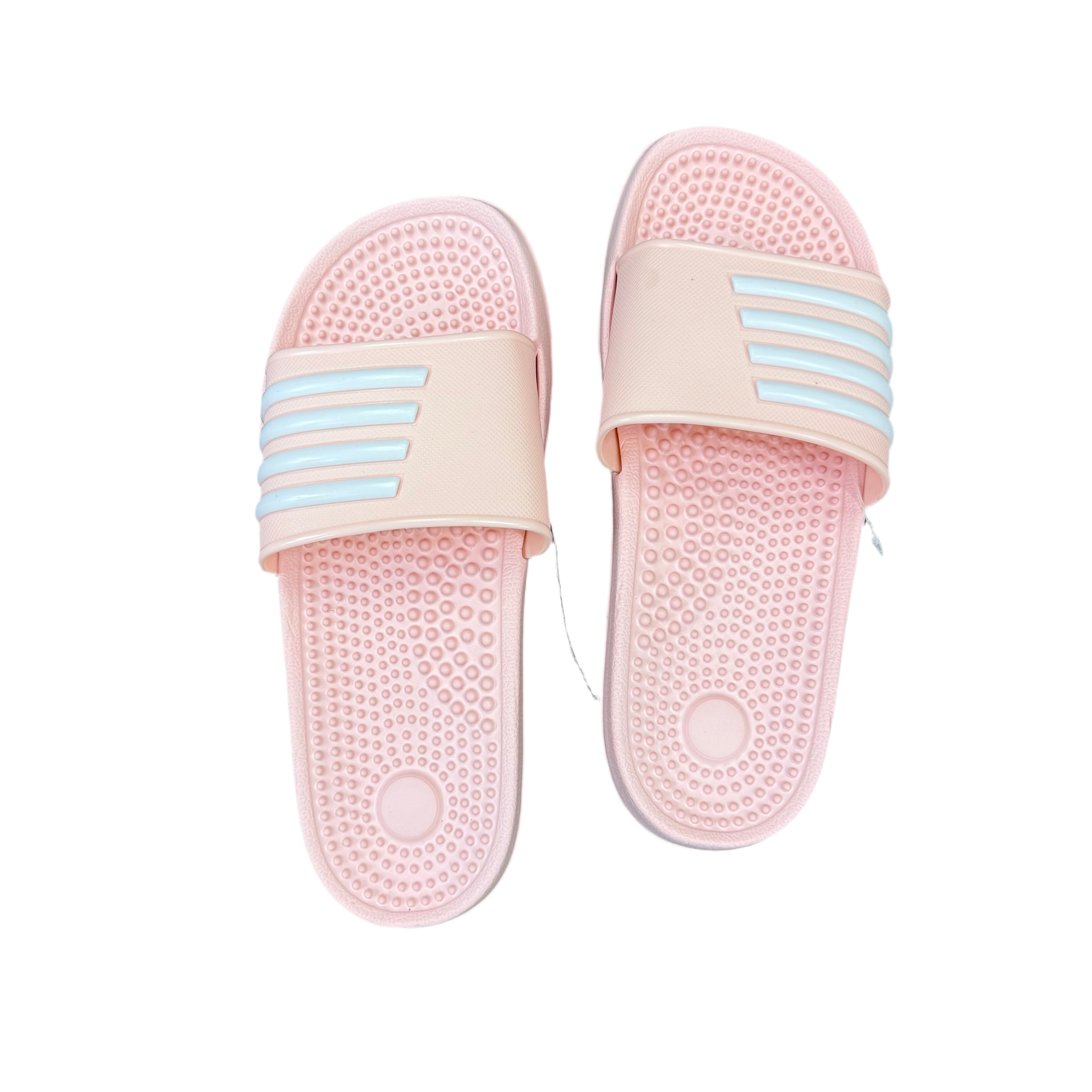 Pair of pink slides with light blue stripes on a white background