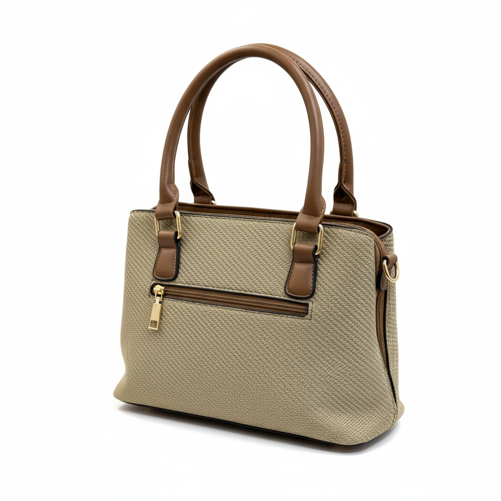 Beige handbag with brown handles and accents on a white background