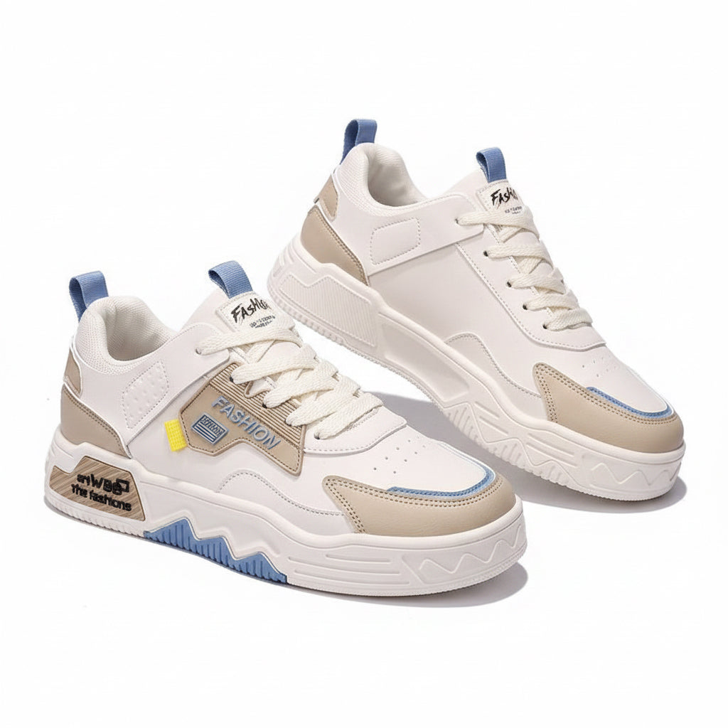 White and beige sneakers with blue accents on a gray background